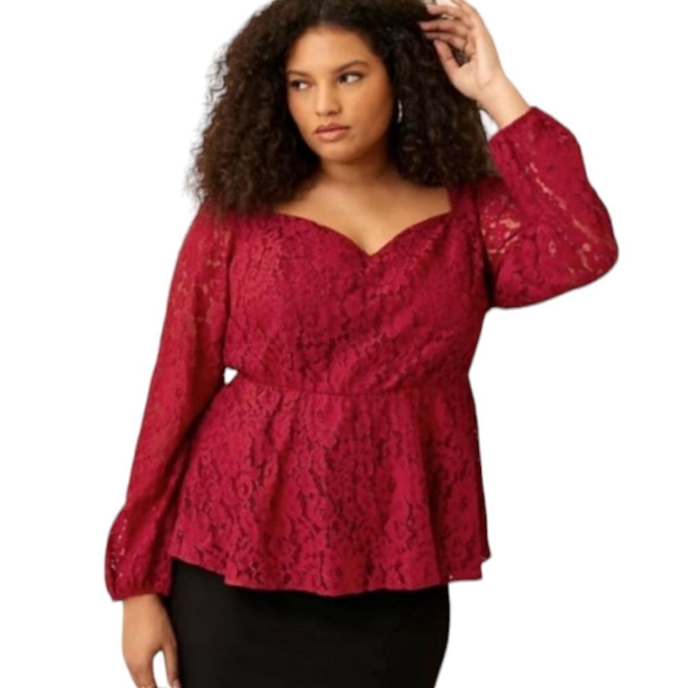 TORRID Plus Size  rhubarb peplum lace longsleeve puff sleeve top 3X